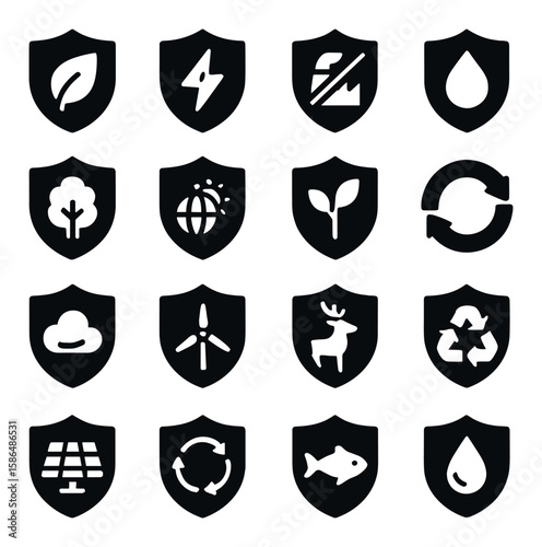 Eco protection icon collection. environment silhouette icons: leaf, shield, tree, globe, recycle