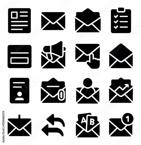 Email marketing icon collection. simple silhouette icons. compose, newsletter, campaign, subscribe, analytics