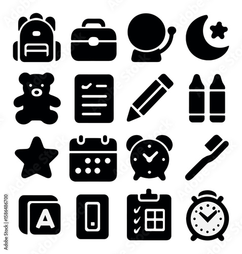 Children's icon collection: simple silhouette backpack, teddy, clock, star, calendar, pencil