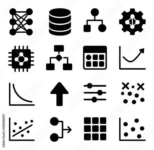 Machine learning icon collection. silhouette ai, neural networks, data, algorithm, graph, gear