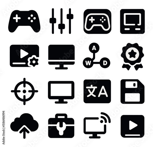 Gaming settings icon collection. simple silhouette gamer, controller, monitor, trophy, disk, language, toolbox