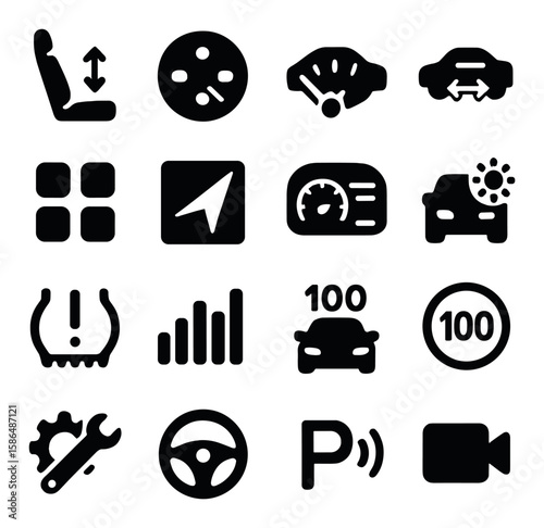 Vehicle icon collection. simple silhouette style: car, speedometer, gps, steering, parking, tire icons