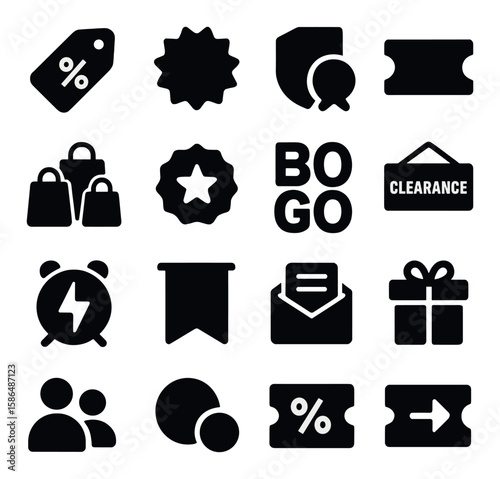 Promotional icon collection: stylish silhouette icons. tag, sale, shopping, gift, email, discount