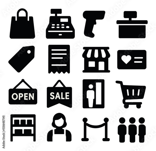 Retail icon collection: silhouette style shopping and store elements - bag, register, barcode, shelf, customer,