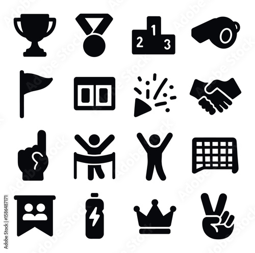 Victory icon collection: sports awards silhouette set - trophy, medal, podium, crown, v