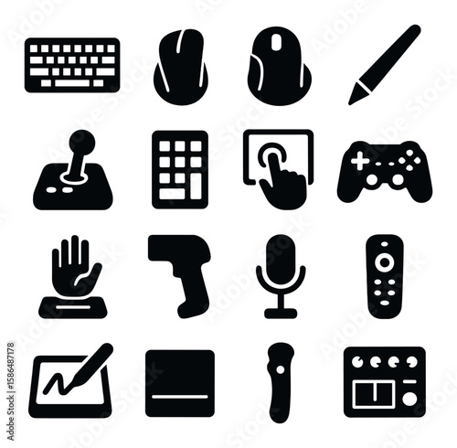 Input device icon collection: simple silhouette icons of keyboard, mouse, gamepad, microphone
