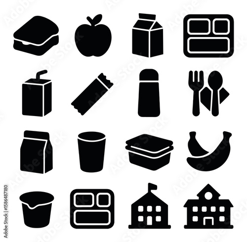 Lunchtime icon collection. simple silhouette icons of sandwich, apple, milk, tray, juice, banana