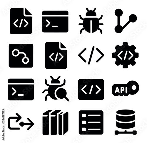 Silhouette coding icon collection: bug, api, code, gear, database, simple tools