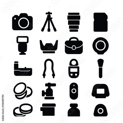 Photography gear icon collection. camera, lens, tripod, flash, memory card silhouette