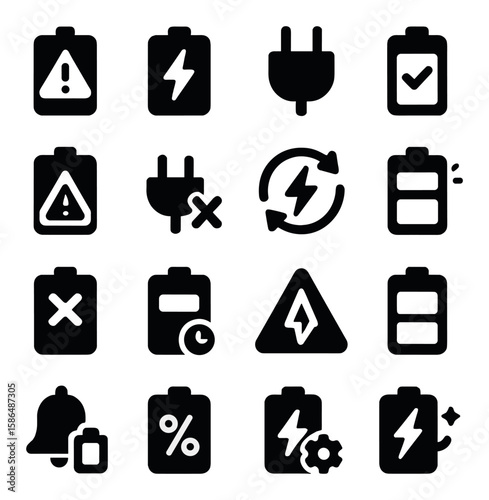 Charging icon collection. battery, power, plug, alert, lightning, energy, charge silhouette