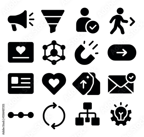 Customer journey icon collection. marketing, sales, conversion silhouette style. funnel, magnet, checklist, flowchart, heart, network