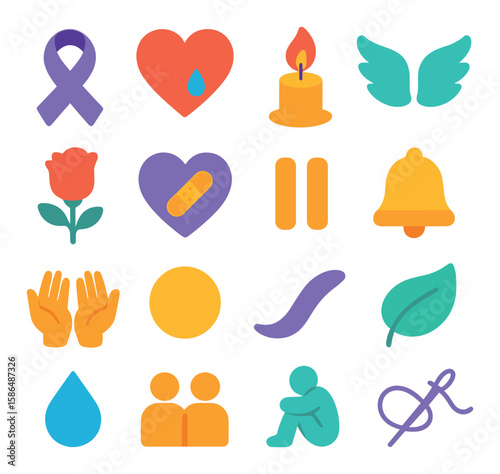Grief awareness icon collection. simple memorial, ribbon, heart, candle, wings, leaf