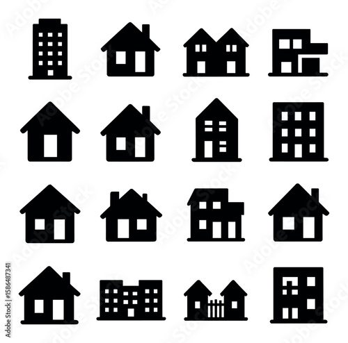 Residential building icon collection. simple silhouette houses, apartments, villas