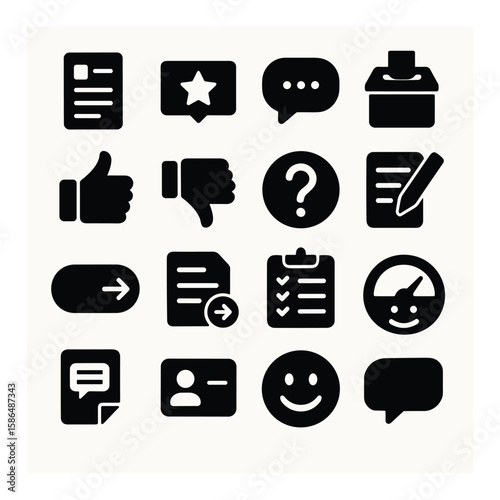 Feedback inquiry icon collection. simple silhouette style. thumbs up, question, smiley, speech bubble, checklist
