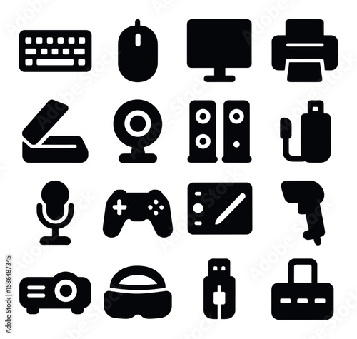 Peripheral device icon collection: simple silhouette mouse, keyboard, printer, usb, camera