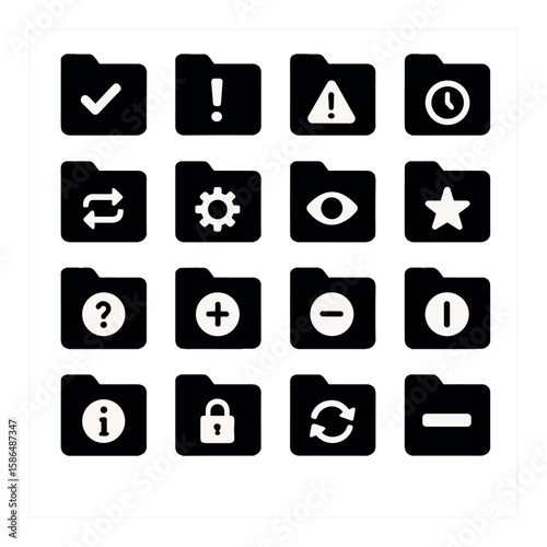 Folder status icon collection. simple silhouette: checkmark, lock, plus, info, clock, gear