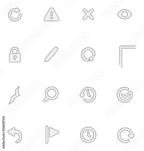 File status icon collection. linear style icons: refresh, error, close, view, lock, edit, check, play.