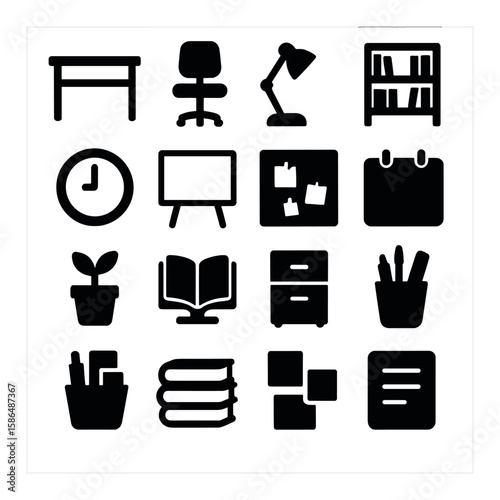 Study space icon collection: simple silhouette desk, chair, lamp, bookshelf, calendar