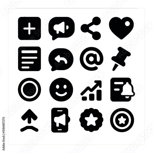 Social media icon collection. simple silhouette icons: share, like, pin, comment, bell, upvote