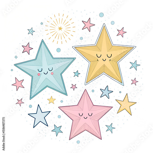 Stars and sparkles pack — various shapes and pastel tones, simple geometric style
