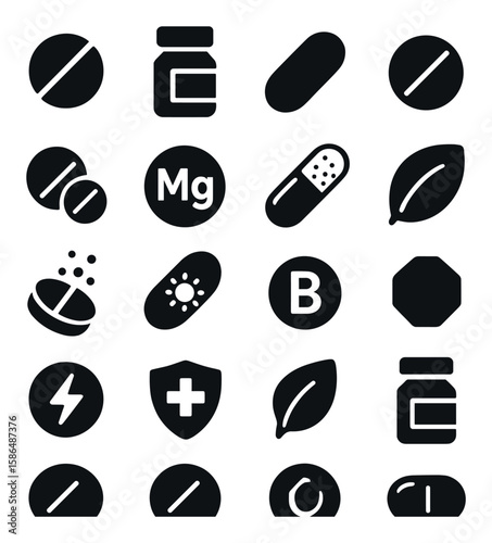 Vitamins and supplements icon collection. health, capsule, herb, mineral, bottle silhouette