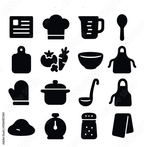 Cooking icon collection. kitchen tools silhouette. chef, bowl, spoon, apron, pot, scale