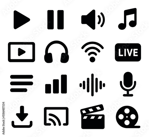 Streaming media icon collection. audio, video, music, play, pause, volume silhouette