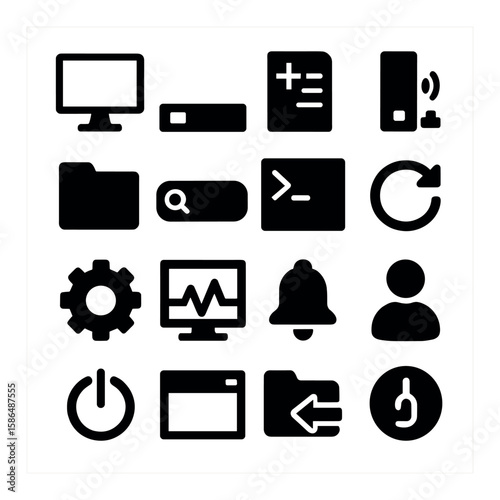 Operating system icon collection: simple silhouette files, folders, search, settings, user