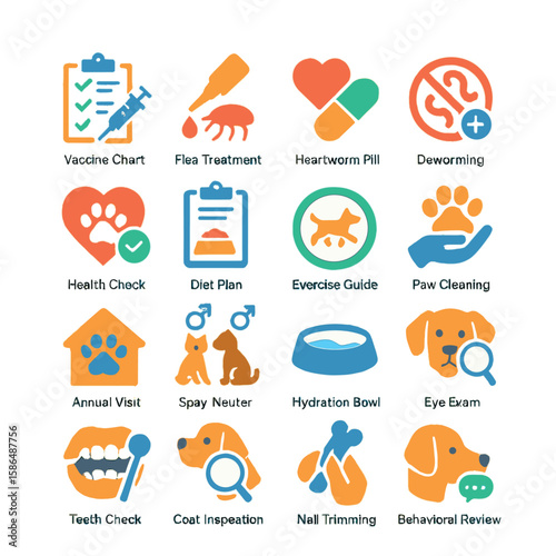 Veterinary care icon collection: simple animal health, flea, vaccine, paw, pill, heart, linear