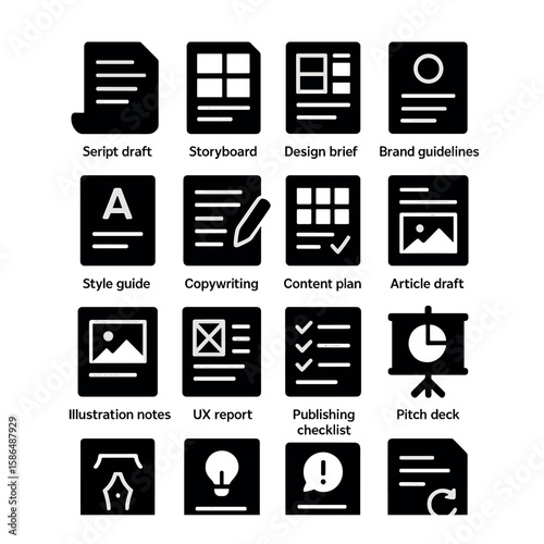 Creative documentation icon collection: simple linear icons for draft, design brief, storyboard, guidelines,