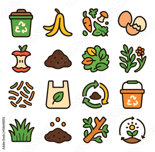 Organic recycling icon collection. composting and waste simple icons: bin, banana, leaves, cycle
