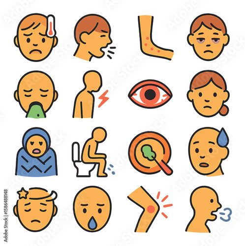 Infection symptoms icon collection. health alert flat icons: fever, cough, rash, fatigue, diarrhea, vomiting, eye, joint pain