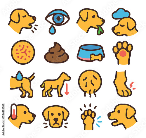 Dog health icon collection. simple canine health flat icons: vomiting, eye, paw, food, flea, ear, poop