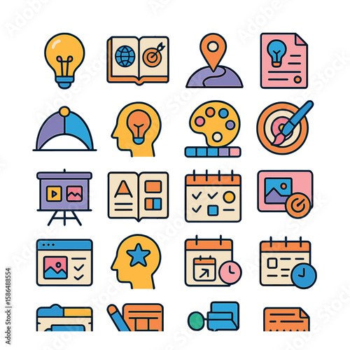 Creative project icon collection. simple compose flaticon. lightbulb, target, calendar, palette, map, presentation