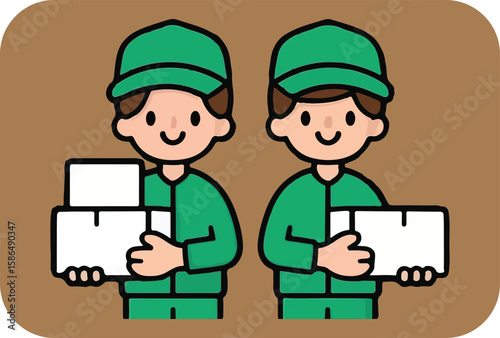 Two friendly cartoon delivery people wearing green uniforms and caps each holding white packages against a brown background representing logistics and shipping services