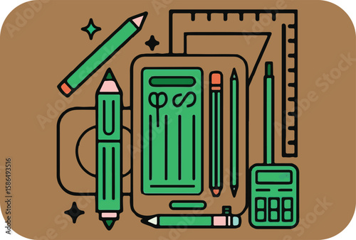 A whimsical illustration featuring a collection of school supplies including pencils a ruler and a calculator arranged in a playful composition against a warm brown background
