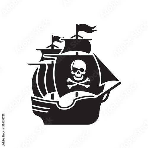 Black Pirate Ship Silhouette with Skull and Crossbones on Sail – Vector Illustration for Logo, Tattoo, Nautical Decor, Pirate Theme Design, or Graphic Art Use
