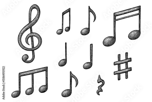 Hand-drawn musical notes sketch collection. Music symbols doodle illustration. Treble clef, sharp, eighth note icons set for composition, melody, harmony, sound design.