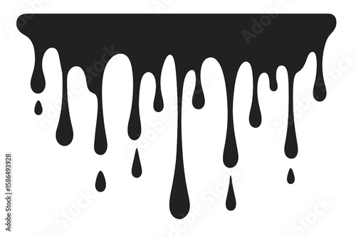 Black paint drip border. Abstract liquid ink flow. Dripping oil stain silhouette. Current paint splatter. Vector melt texture. Chocolate syrup or slime ooze background.
