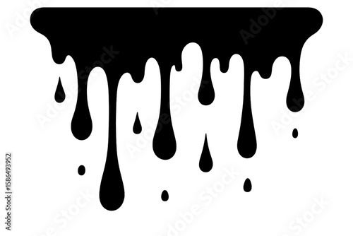 Dripping paint, black ink drops. Abstract liquid silhouette. Vector illustration of a current flowing down. Melt effect. Splash stain border for graffiti or design.