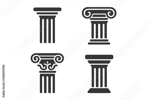 Set of ancient columns. Greek or Roman pillar silhouette icon. Architecture logo for history, law, bank, or university. Antique classic building facade element vector.