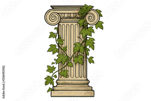 Ancient Greek Ionic column entwined with ivy. Vector illustration of a classical pillar. Antique architecture sketch. Symbol of history, law, and nature on a transparent background.