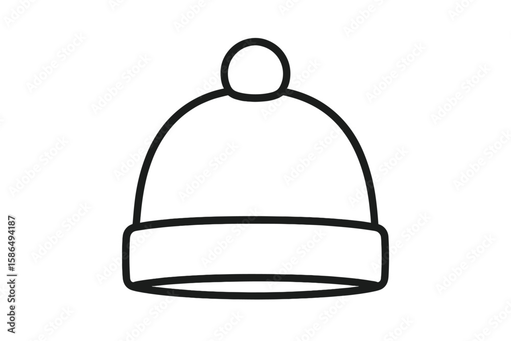 Naklejka premium Beanie cap template vector illustration. Winter hat with pom-pom icon. Line art sketch of warm headwear for cold weather. Isolated clothing accessory for fashion design.