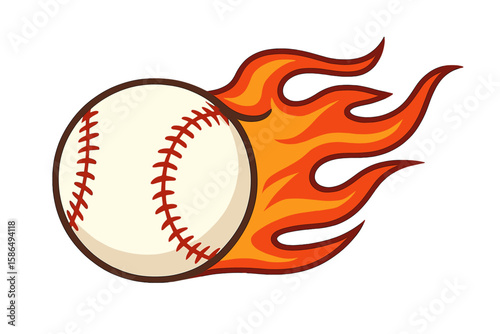Flying baseball ball on fire. Fastball concept. Sport equipment for competition or championship. Burning hot fiery pitch or hit. Vector logo design element for team or league.