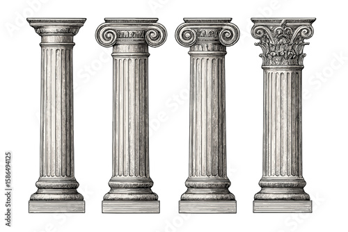 Antique columns engraving vector illustration. Set of classical architectural orders. Doric, Ionic, Corinthian pillars. Ancient Greek and Roman historical design elements.