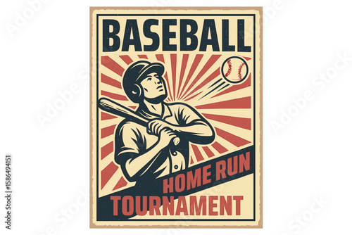 Baseball retro poster vector illustration. Vintage home run tournament design with batter athlete. Classic sports championship event flyer on a transparent background.