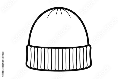 Beanie cap template vector illustration. Winter knitted hat line art icon. Fashion apparel headwear accessory mockup. Outline sketch for clothing design. Isolated on white.