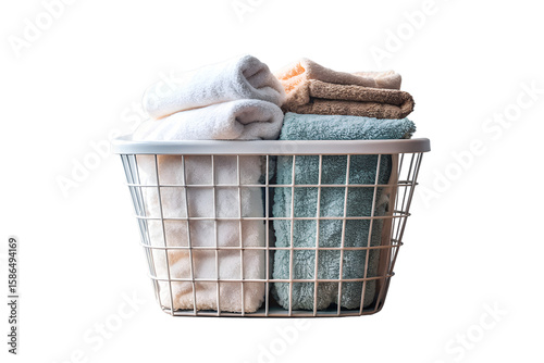 A laundry basket filled with folded towels in white, blue, and beige colors