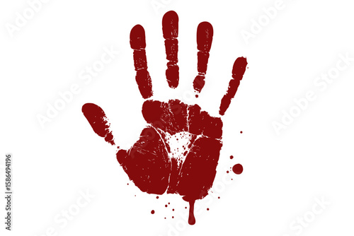 Bloody handprint vector illustration. Horror, scary, crime scene concept with red blood stain, drip, and splatter. Grunge dirty fingerprint isolated for Halloween design.