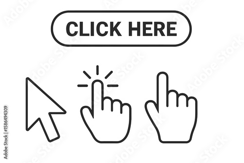 Click here web button and computer mouse cursor icons set. Hand pointer, finger press, and arrow symbol. Website UI UX design element. Call to action concept. Vector.